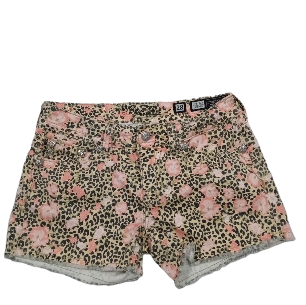 Miss Me Rose Cheetah Floral Print Denim Jean Shorts Size 28